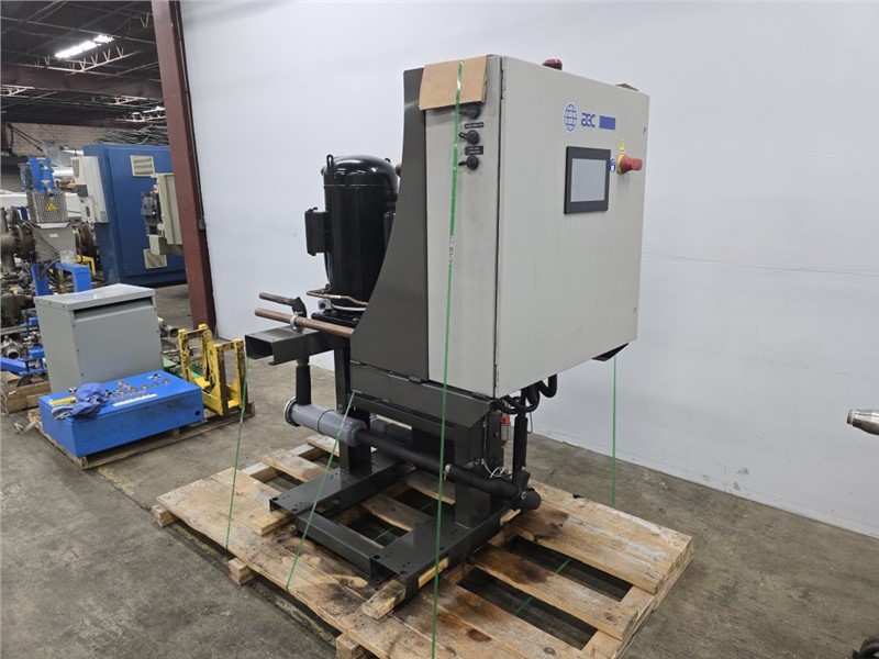  2024 60 Ton AEC High Efficiency Remote Air-Cooled (HECR) Chiller, front angle view, showcasing advanced industrial cooling equipment designed for high-capacity and energy-efficient applications.