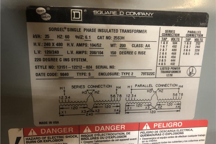 25 KVA Transformer, Model 25S3H, 240 x 480 Volts Primary and 120/240 ...