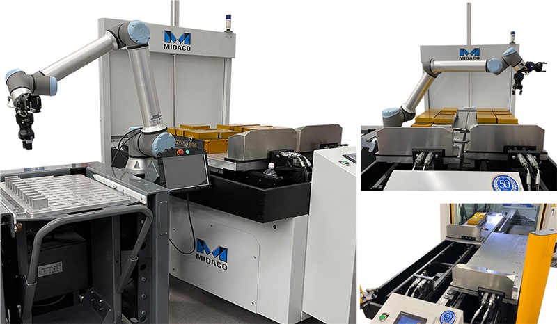 Midaco Hydraulic Docking System on Automatic Pallet Changer shown with Cobot Robot arm