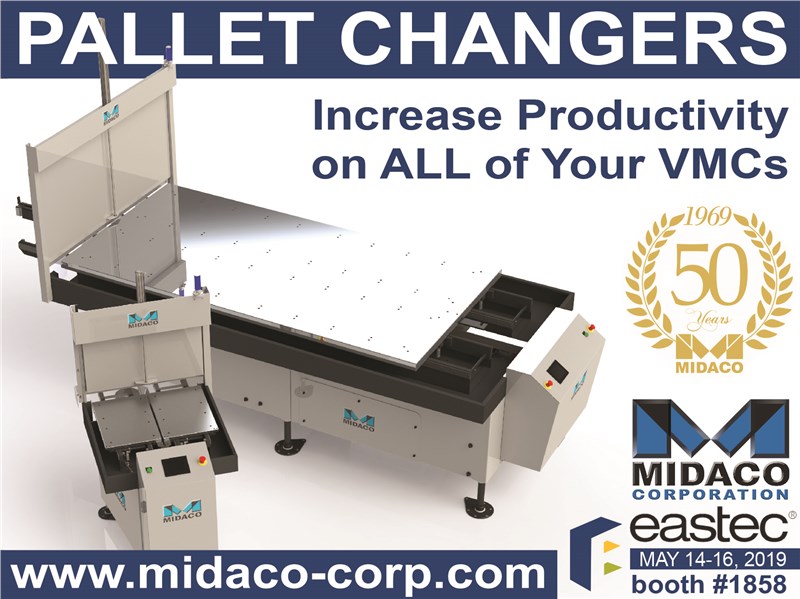 Midaco Pallet Changer shown with Eastec logo and booth number