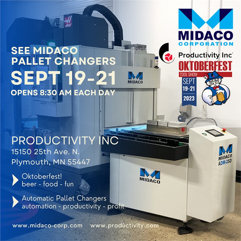 MIDACO at Productivity Inc Oktoberfest 2023 logo with Automatic Pallet Changer machine