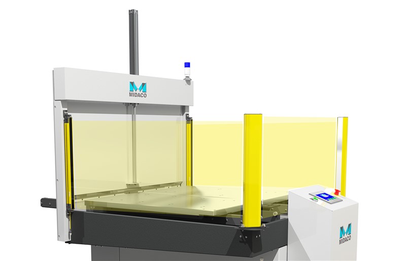 Midaco Automatic Pallet Changer render showing light beams of CE light Curtain