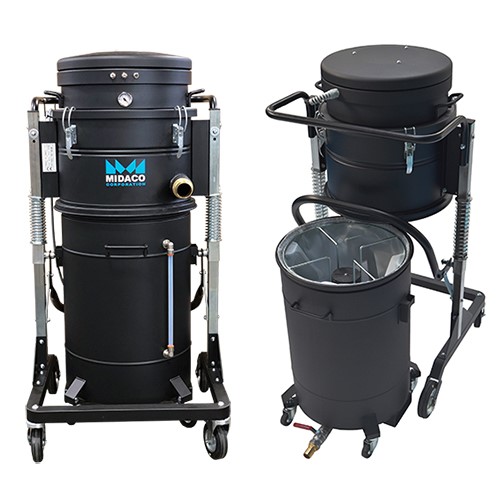 Midaco M264V 100L Industrial Vacuum front and back showing filter basket