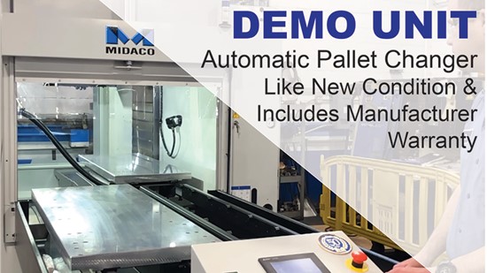 Machine shop showing a Midaco Automatic Pallet Changer with shuttle door open and one rectangular aluminum pallet on the shuttle and one in the machining center. Remanufactured Model Offer.