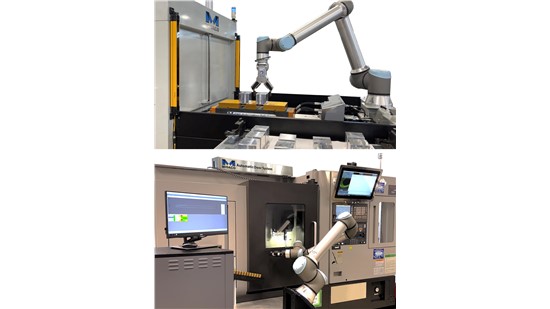 Top Image Midaco Automatic Pallet Changer with UR Cobot and Hydraulic Docking System. Bottom Image VMC with Midaco AutoDoor Opener and UR Cobot