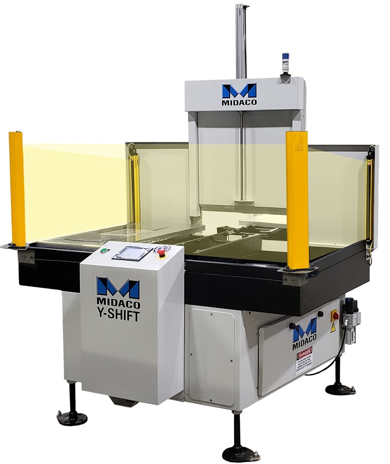 Midaco Y-Axis Shift Automatic Pallet Changer showing CE Light Curtain beams indicated in yellow