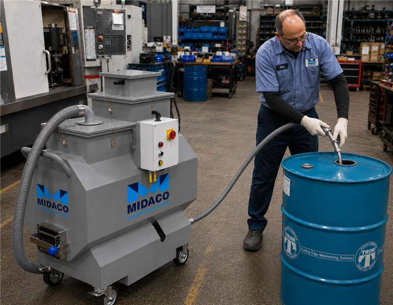 Machinist removing CNC liquid from industrial vacuum into disposal drum Machinist removing CNC liquid from industrial vacuum into disposal drum