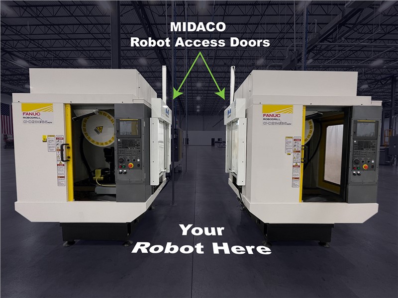 Midaco Robot Access Doors on VMC positioned for one robot to access 2 mills Midaco Robot Access Doors on VMC positioned for one robot to access 2 mill