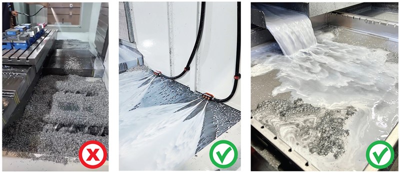 Midaco CNC Chip Washdown System image showing 2 details of VMC full of chips and with chips being flushed out with spray nozzles