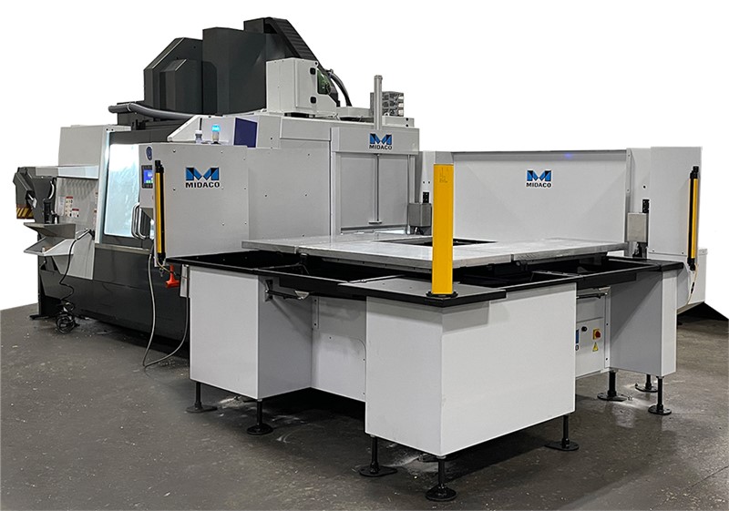 Midaco Automatic Rotary 4-Pallet Changer on VMC in Machine shop Midaco Automatic Rotary 4-Pallet Changer on VMC in Machine shop