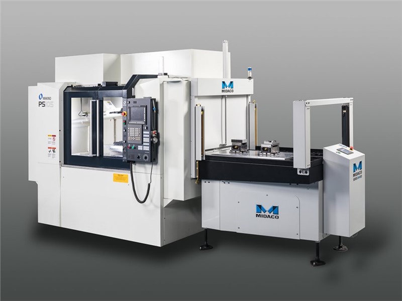 MIDACO Automatic Pallet Changer mounted on right side of Makino PS101 Vertical machining Center
