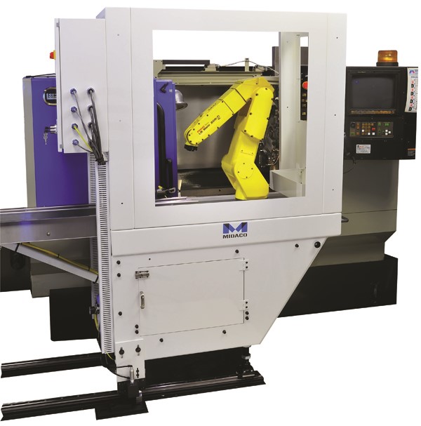 Midaco Robot Loading System Cabinet with yellow Fanuc robot arm working on CNC Turning Center